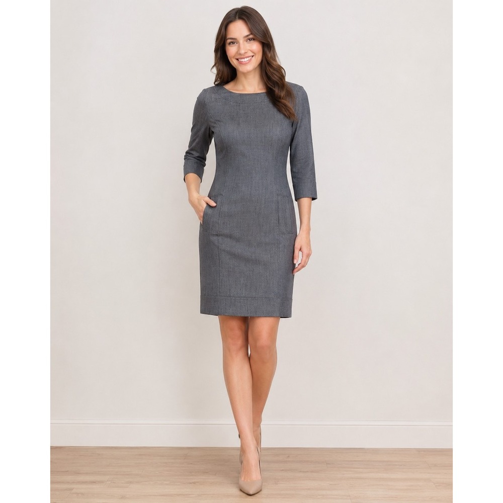 Halogen Women's Gray Sheath Dress  S Small 3/4 Sleeve Stretch Career Workwear